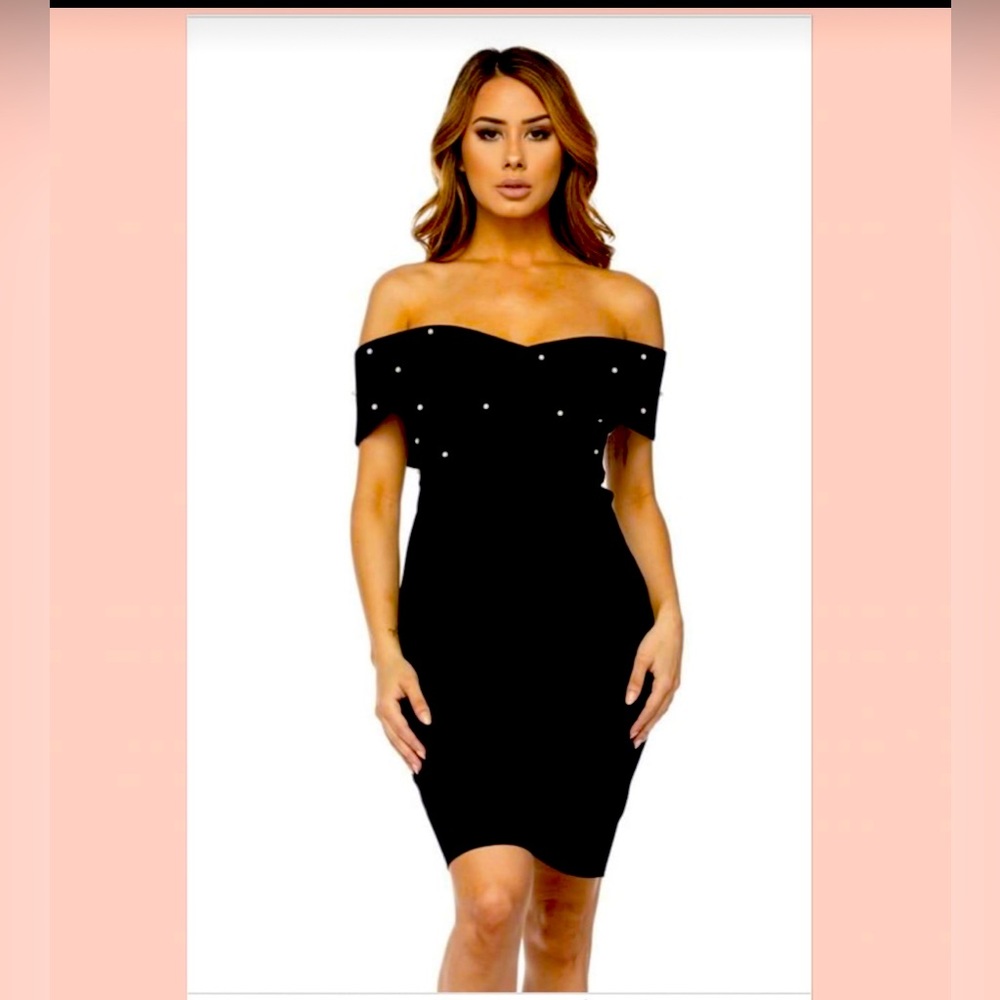 Black pearl off shoulder sweater dress